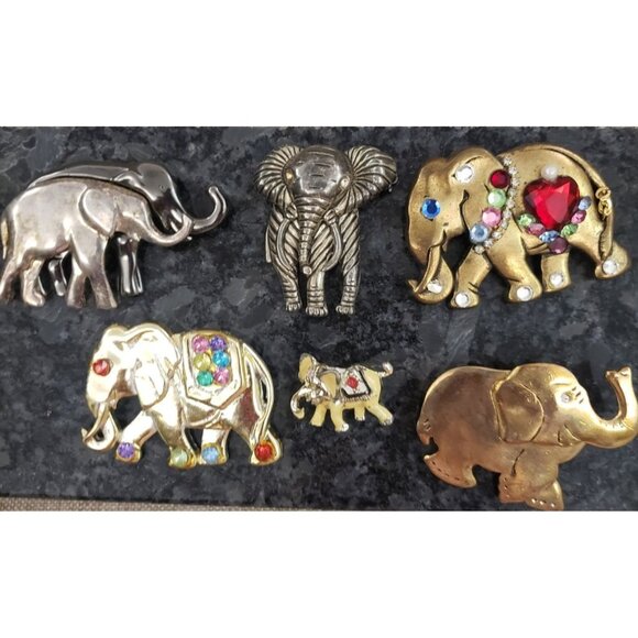 Lot of Six Assorted Vintage Elephant Brooch Pins Gem Accents & Gold/Silver Tones - Picture 1 of 16